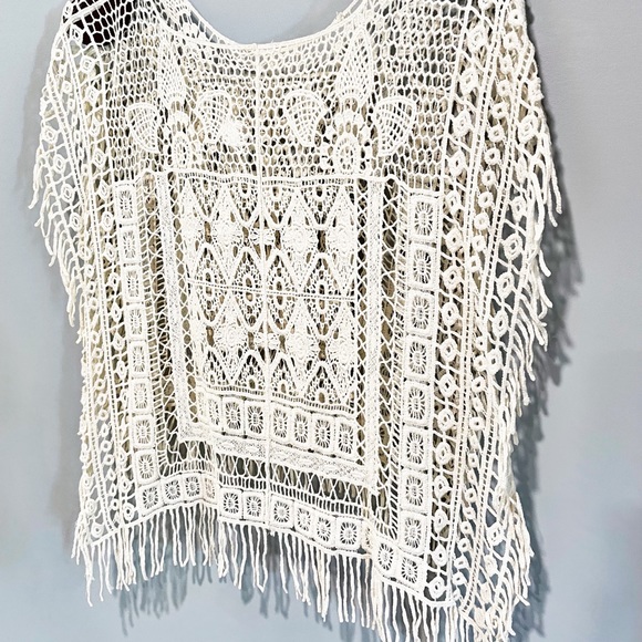 Beige Crochet Lace Embroidered Coverup Blouse Batwing Sleeve Loose Fit - Picture 7 of 16